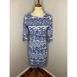 J MCLAUGHLIN NICOLA Small Blue‎ Geo Print Tiered Catalina Cloth 3/4 Sleeve Dress
